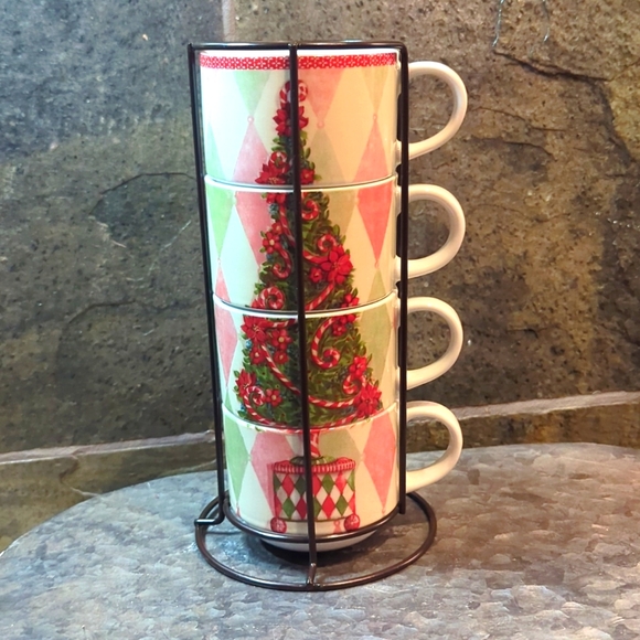 Pier 1 Imports Stacking Christmas Tree Mugs in Metal Stand - Picture 1 of 5